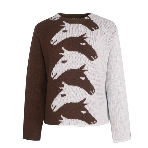 Stylish Brown and White Horse Pattern Sweater - Picture 2 of 3